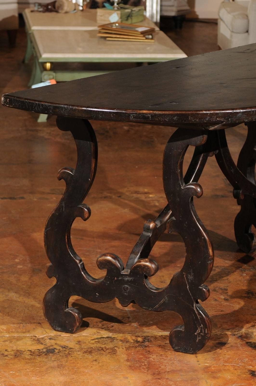 Italian Pair of Sienese Baroque Style Demilune Tables with Lyre Shaped Legs, circa 1790