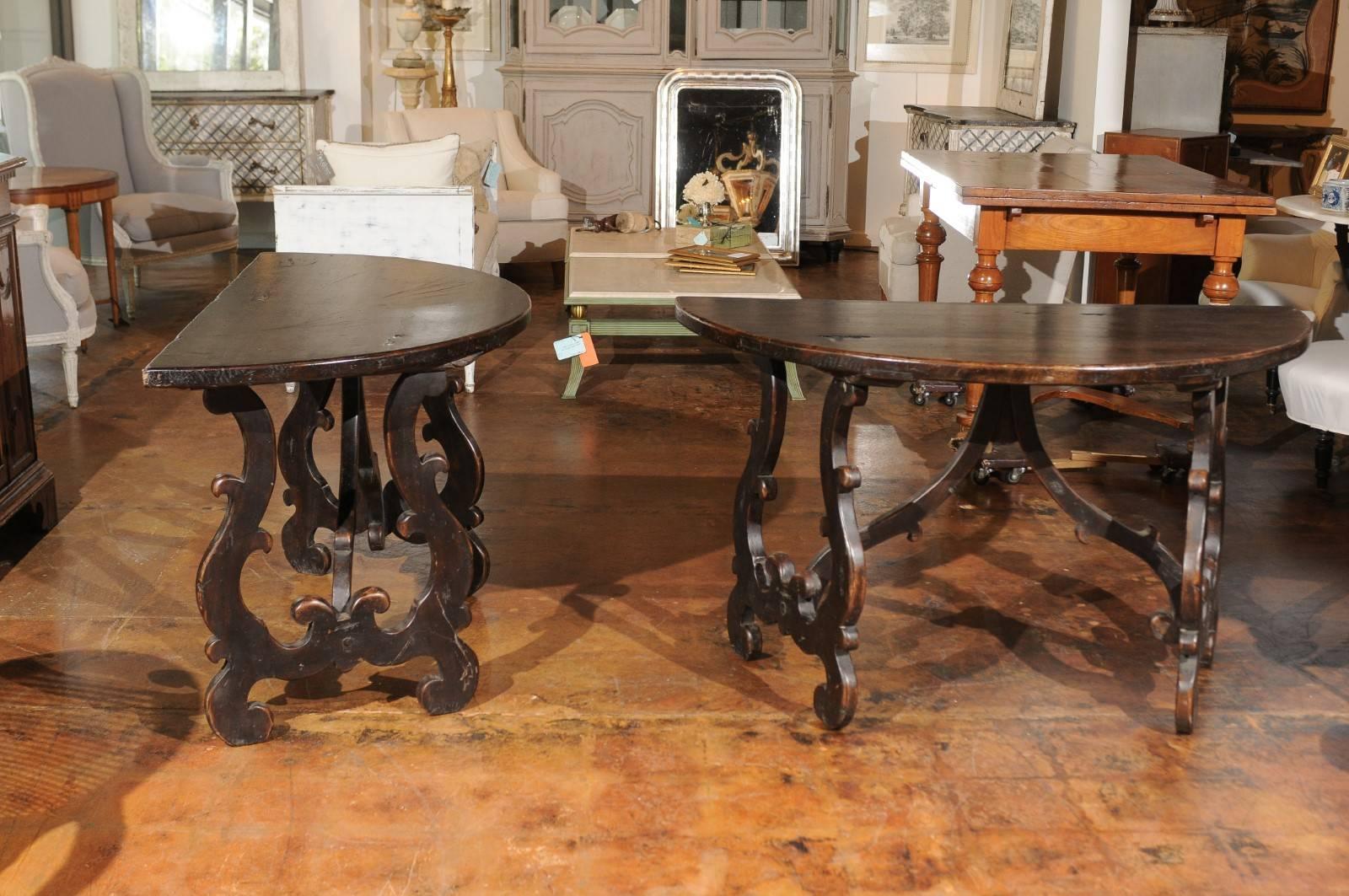 18th Century Pair of Sienese Baroque Style Demilune Tables with Lyre Shaped Legs, circa 1790
