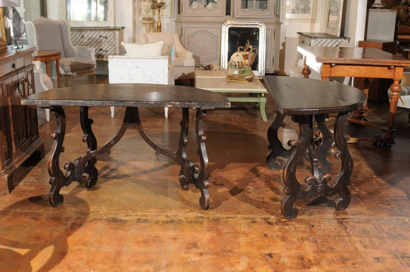 Walnut Pair of Sienese Baroque Style Demilune Tables with Lyre Shaped Legs, circa 1790
