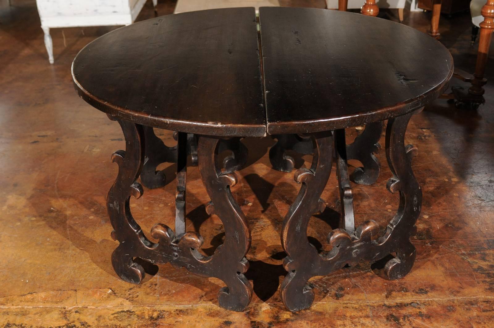 Pair of Sienese Baroque Style Demilune Tables with Lyre Shaped Legs, circa 1790 1