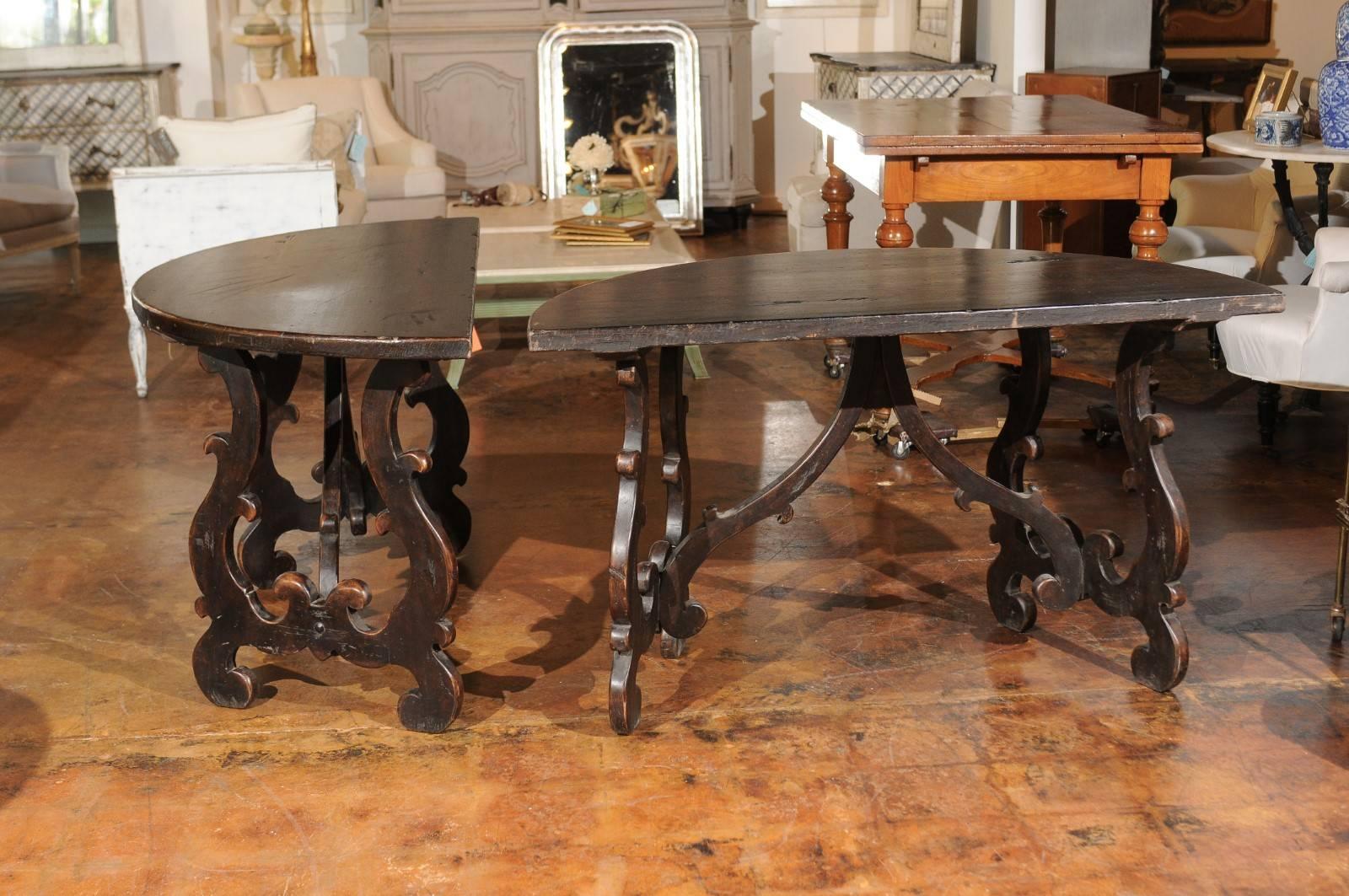 Pair of Sienese Baroque Style Demilune Tables with Lyre Shaped Legs, circa 1790 2