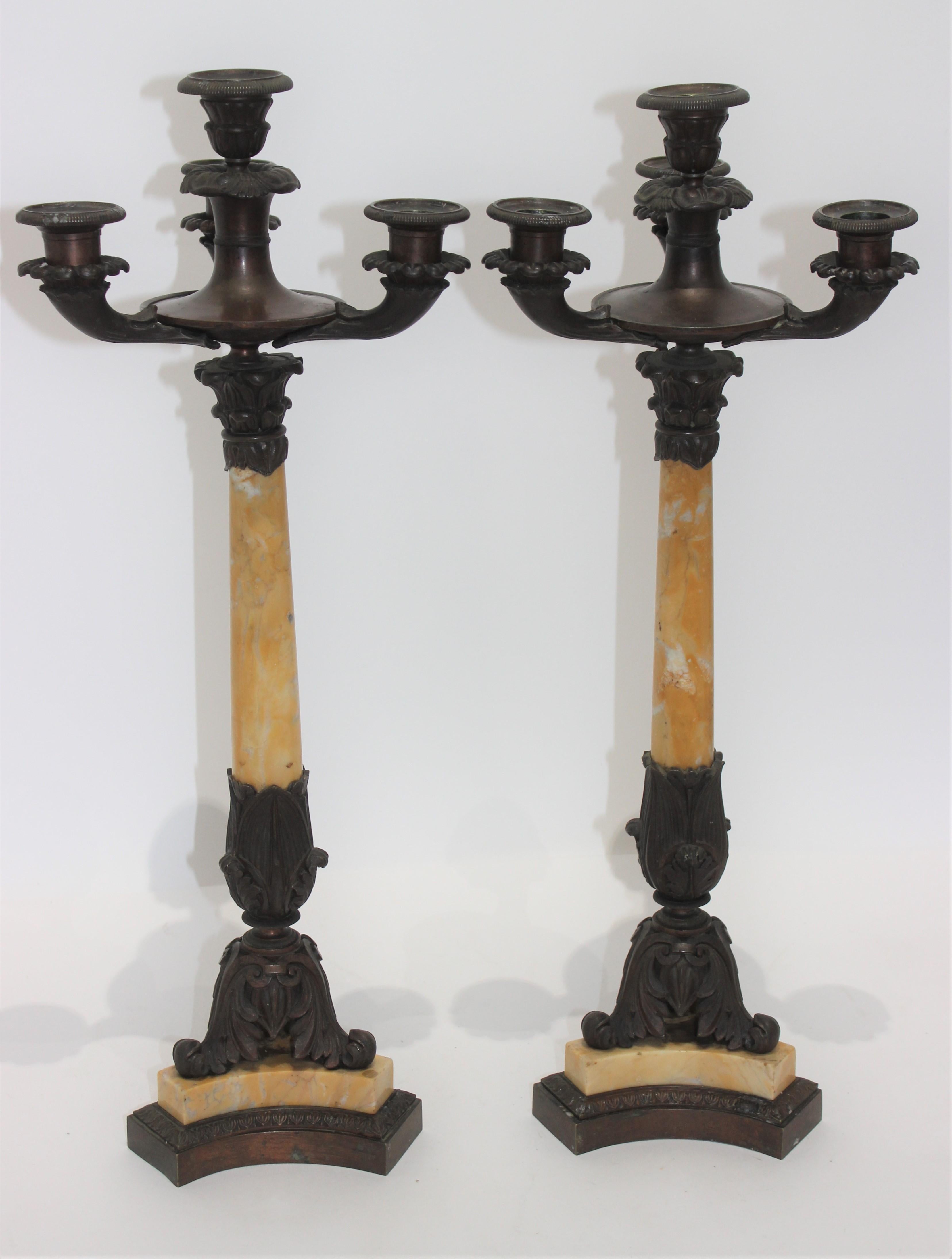 Charles X Pair of Sienna Marble and Brass Candelabra For Sale