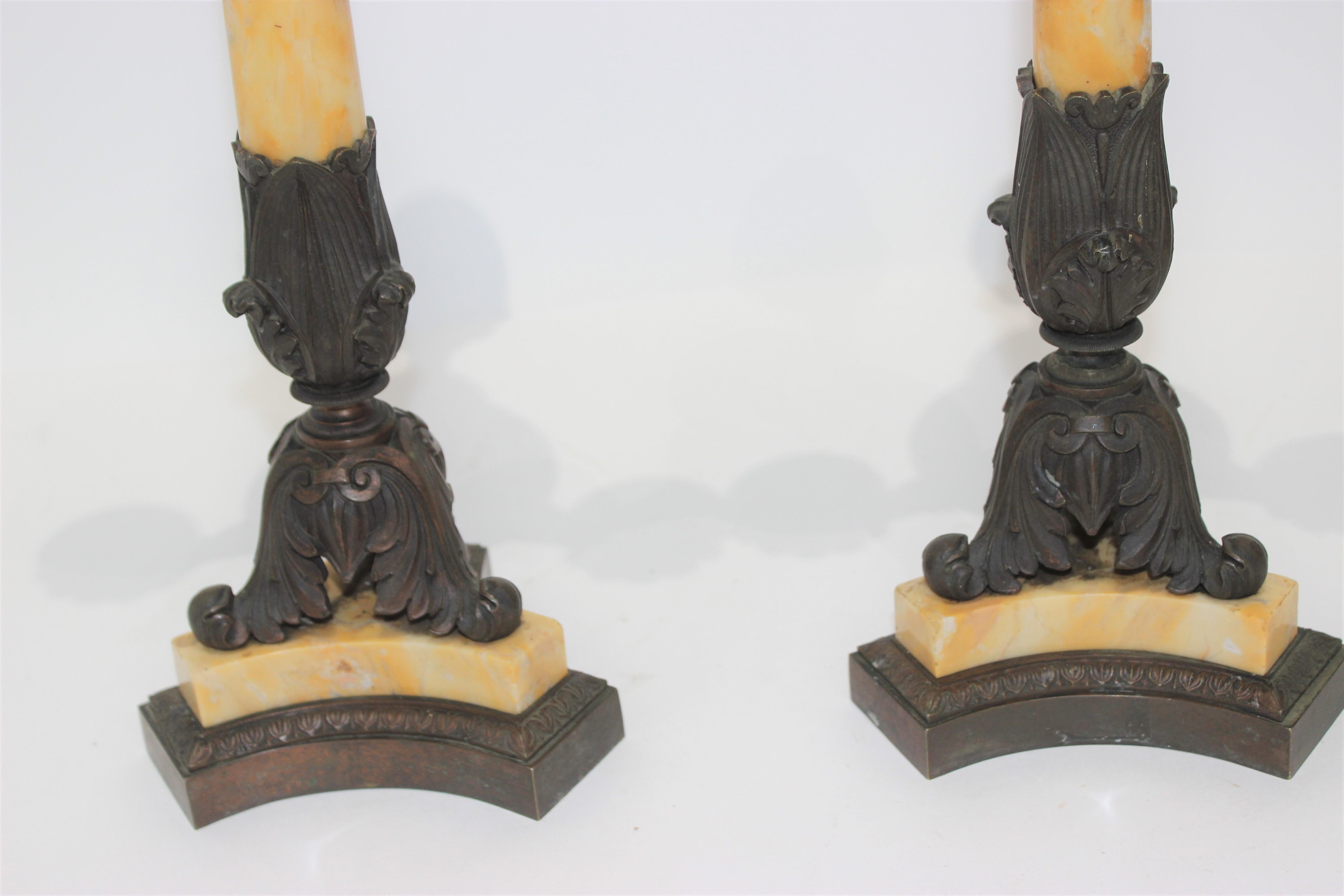Pair of Sienna Marble and Brass Candelabra In Good Condition For Sale In West Palm Beach, FL