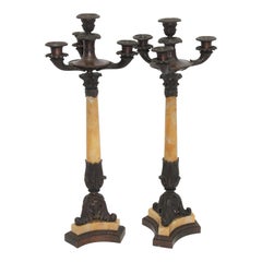 Pair of Sienna Marble and Brass Candelabra