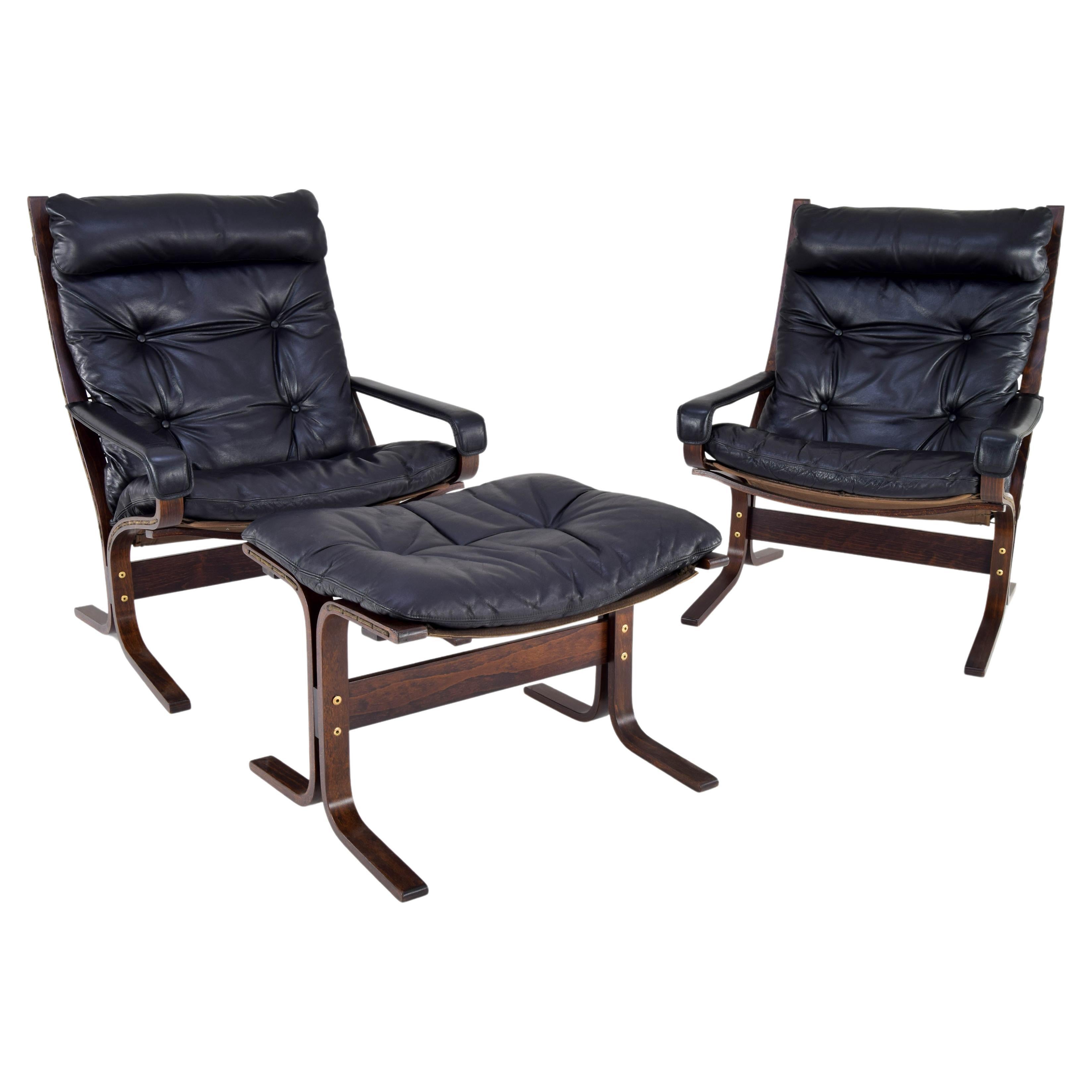 Pair of Siesta Leather Chairs and one Ottoman by Ingmar Relling for Westnofa