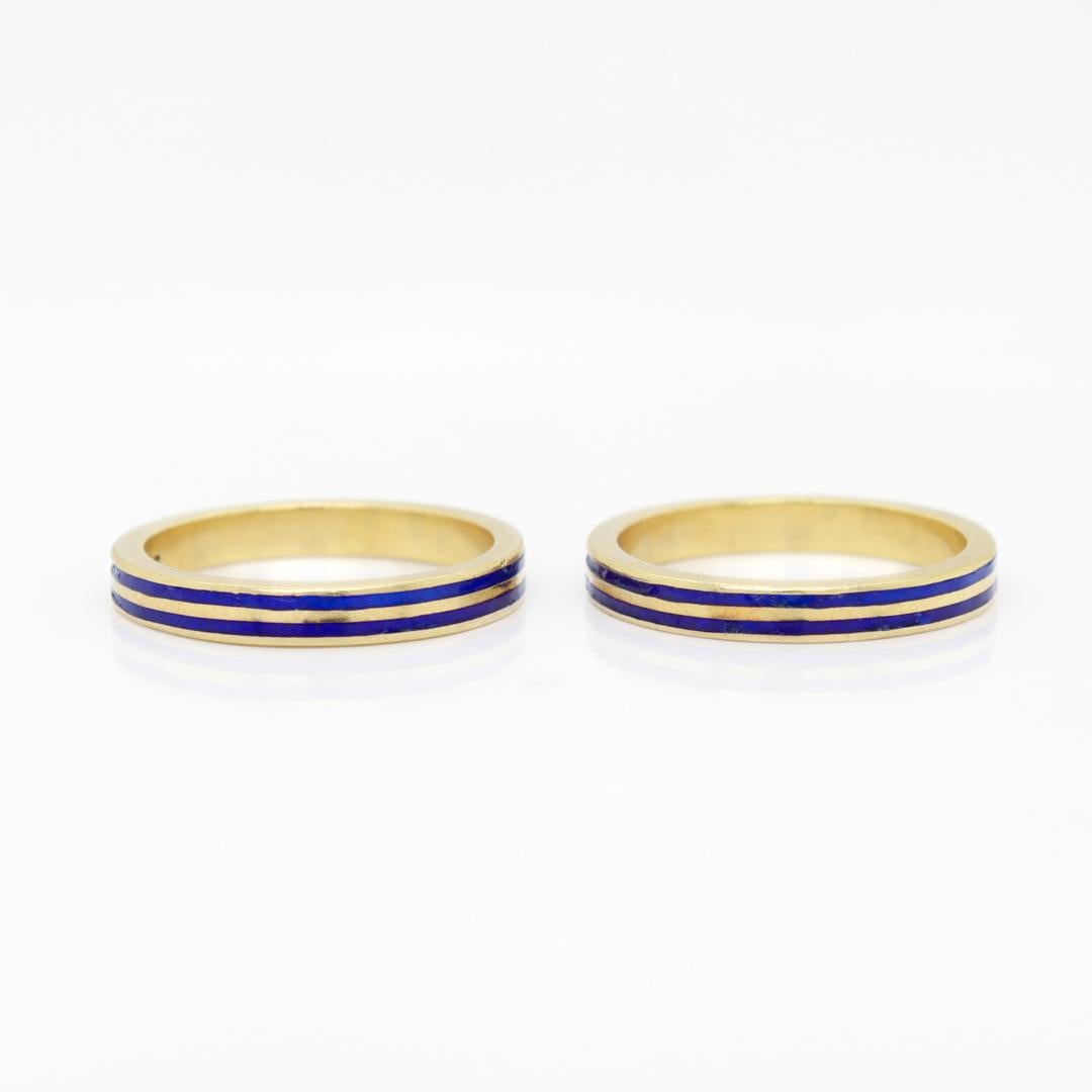 Pair of Signed 14K Gold & Blue Enamel Estate Band Rings In Good Condition For Sale In Philadelphia, PA