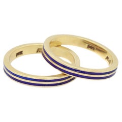 Vintage Pair of Signed 14K Gold & Blue Enamel Estate Band Rings
