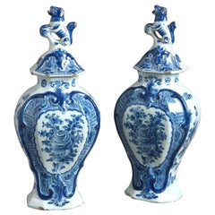 Pair of Signed 18th Century Delft Lidded Vases