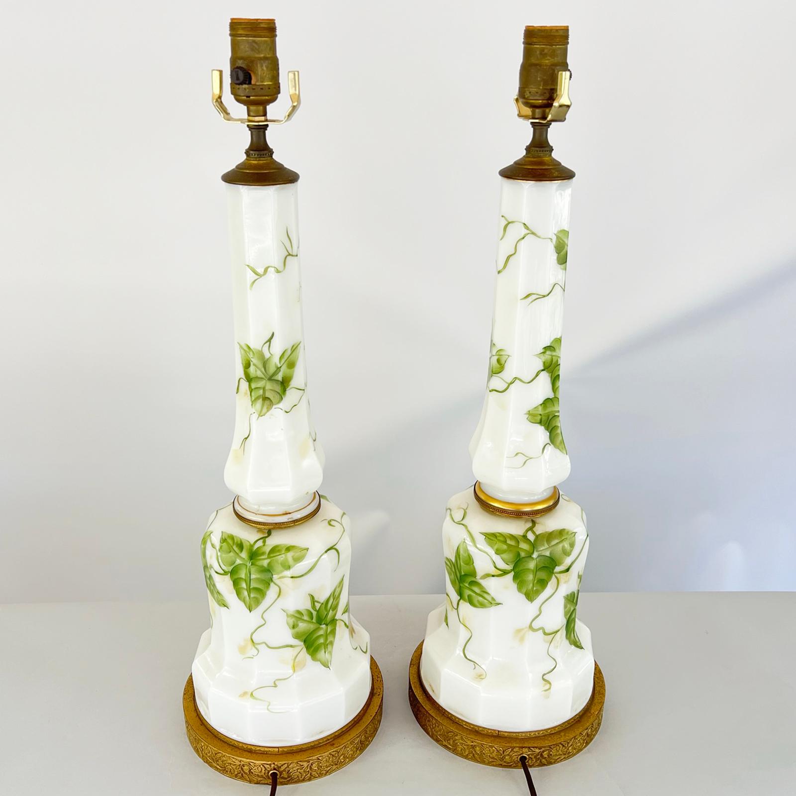 Empire Pair of Signed, 19th Century, Converted Milkglass Lamps Hand Painted with Ivy For Sale