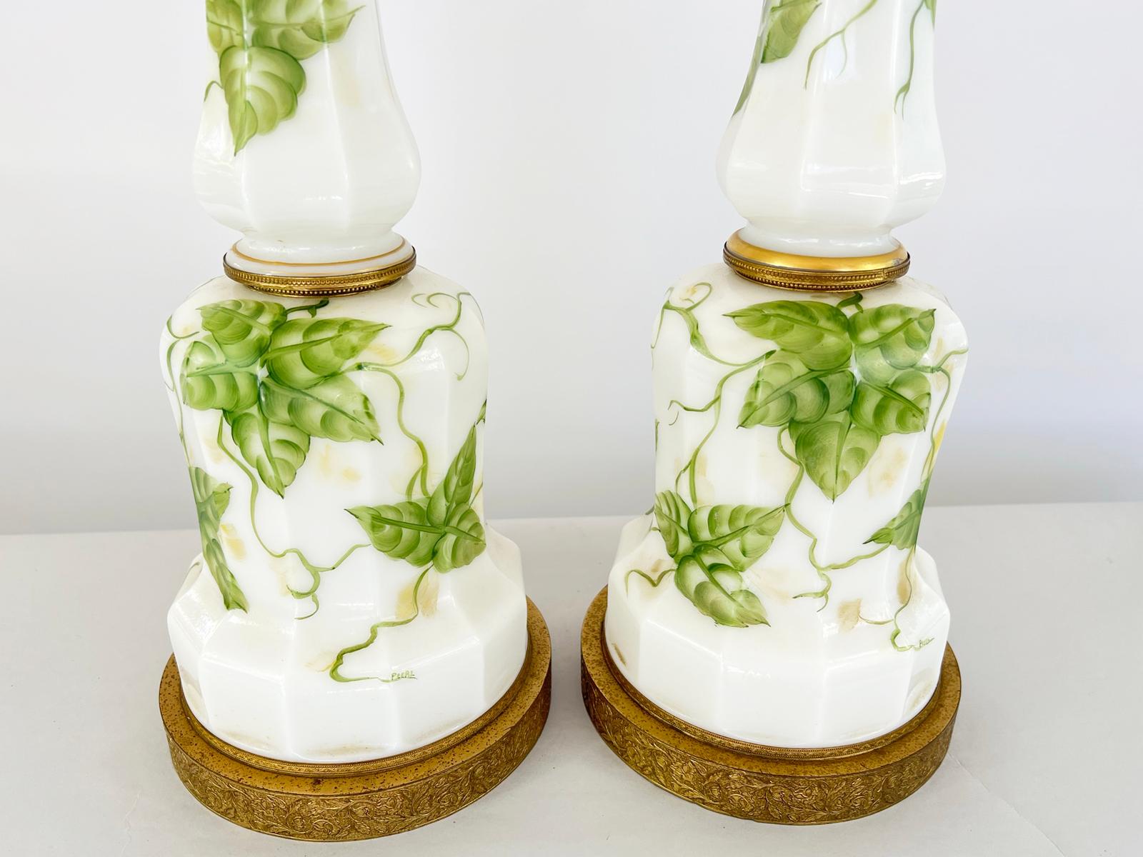 European Pair of Signed, 19th Century, Converted Milkglass Lamps Hand Painted with Ivy For Sale