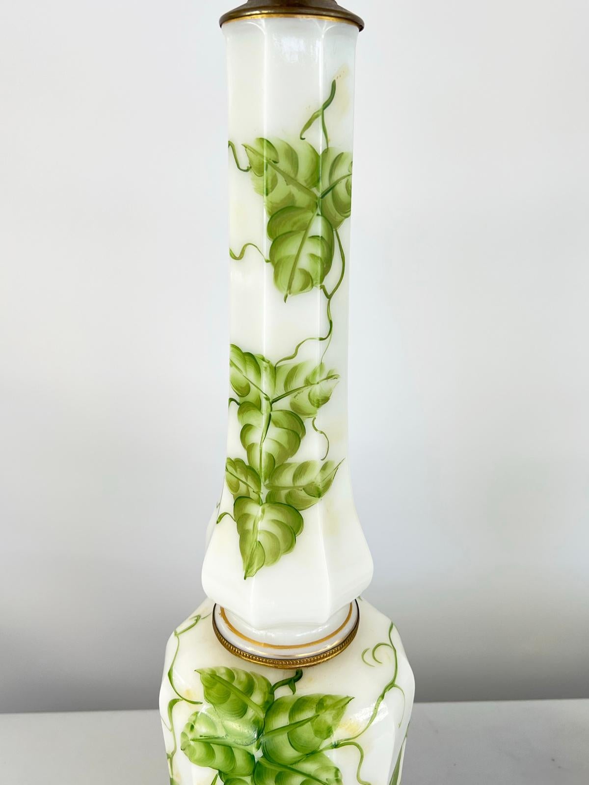 Early 20th Century Pair of Signed, 19th Century, Converted Milkglass Lamps Hand Painted with Ivy For Sale