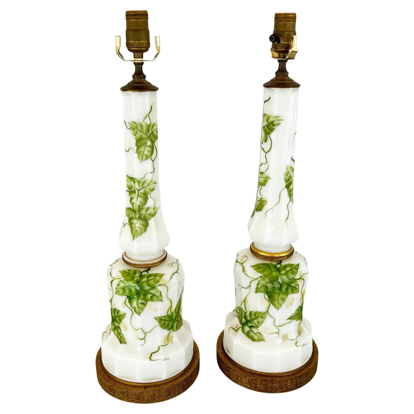 Pair of Signed, 19th Century, Converted Milkglass Lamps Hand Painted with Ivy For Sale