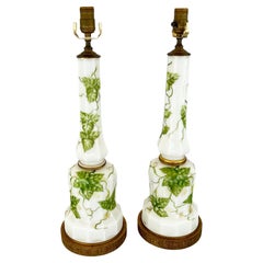 Pair of Signed, 19th Century, Converted Milkglass Lamps Hand Painted with Ivy