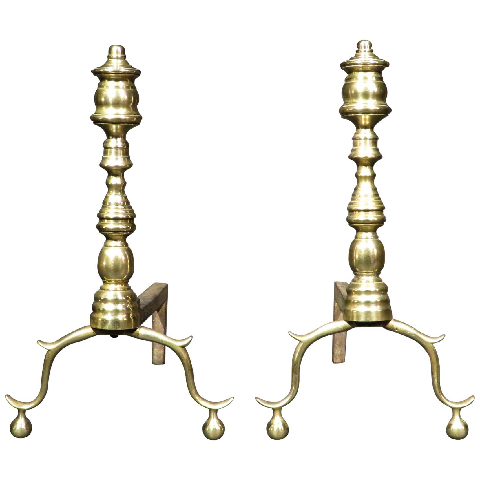 Pair of Federal Style Brass Andirons Signed Rostand,  American Circa 1890