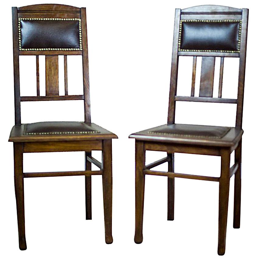 Pair of Early-20th Century Signed Art Nouveau Chairs in Dark Brown Leather For Sale