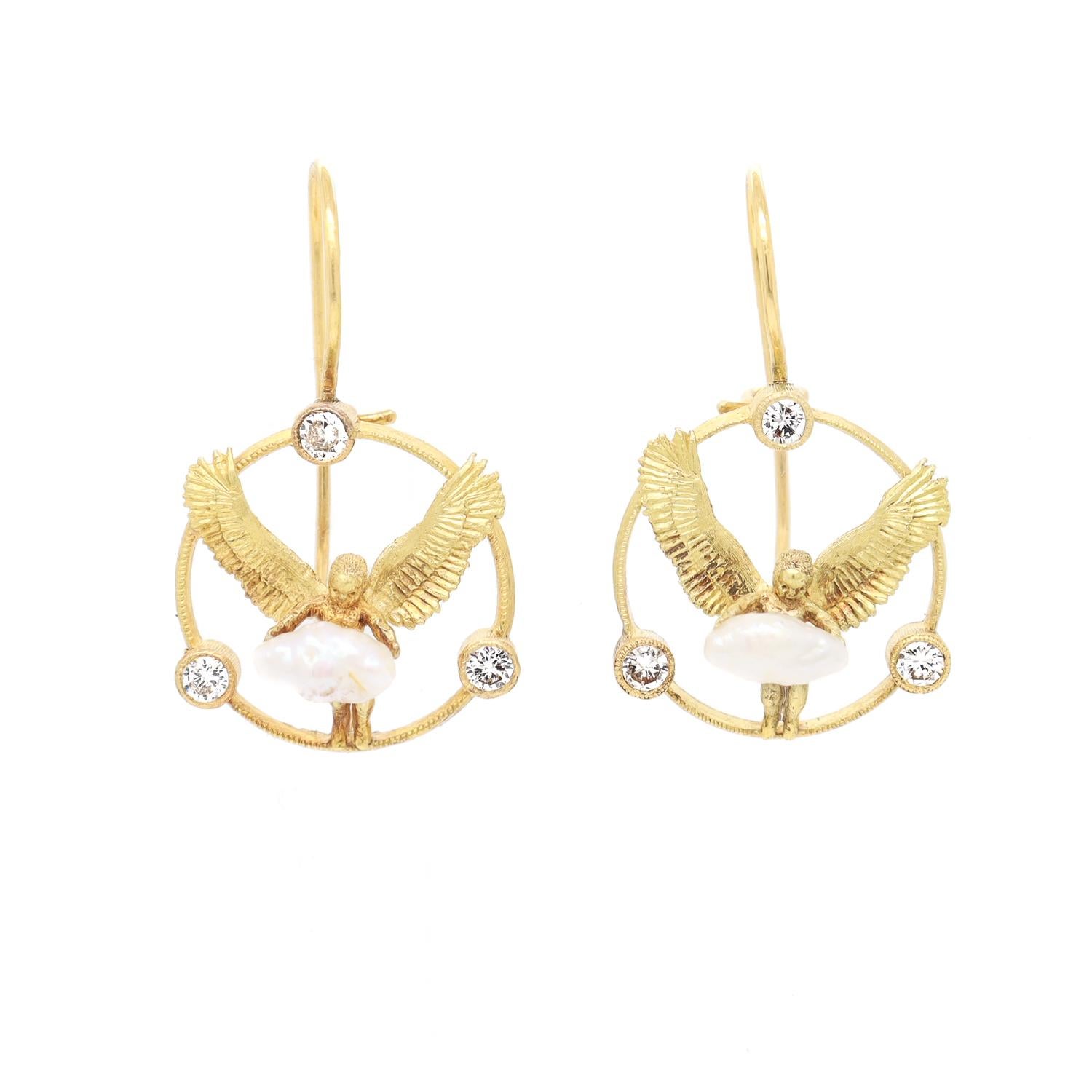 Artisan Pair of Signed Anthony Lent 18K Gold, Pearl, & Diamond Putti or Cherub Earrings