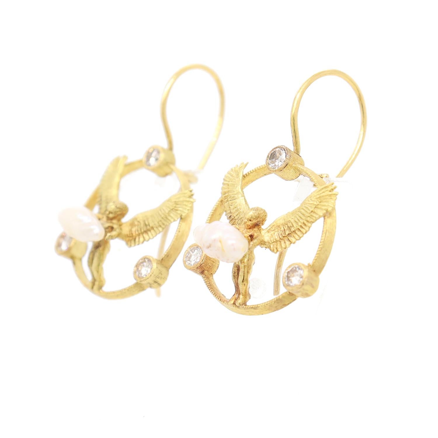 Round Cut Pair of Signed Anthony Lent 18K Gold, Pearl, & Diamond Putti or Cherub Earrings