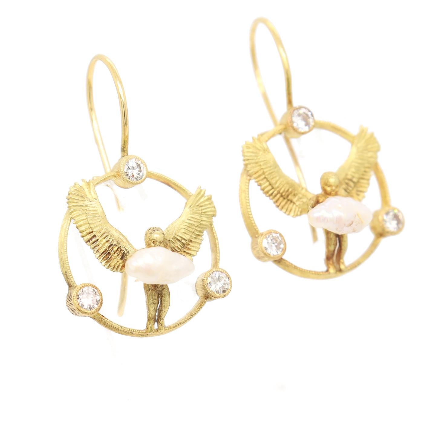 Pair of Signed Anthony Lent 18K Gold, Pearl, & Diamond Putti or Cherub Earrings In Good Condition In Philadelphia, PA