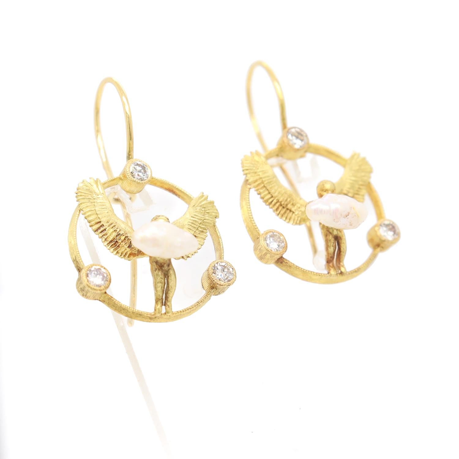 Women's Pair of Signed Anthony Lent 18K Gold, Pearl, & Diamond Putti or Cherub Earrings
