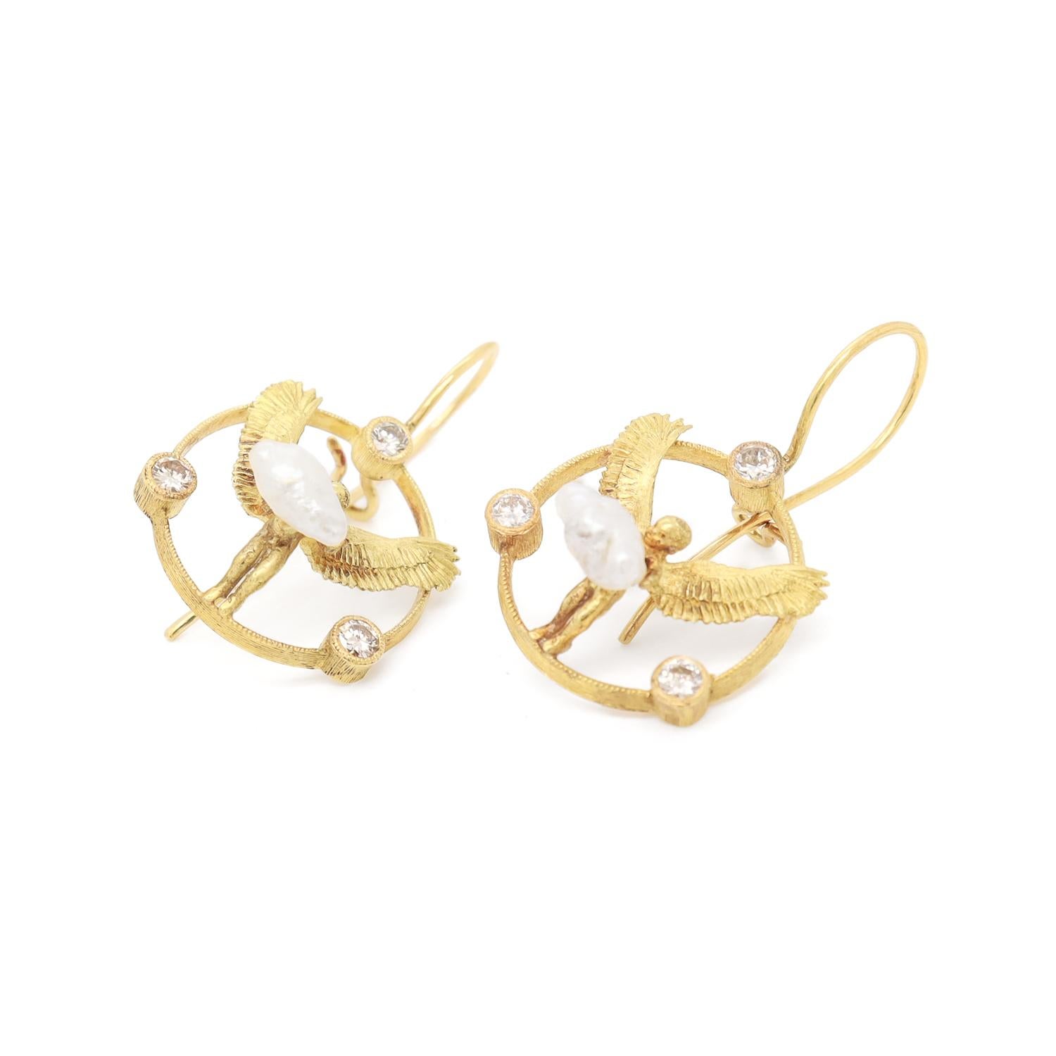 Pair of Signed Anthony Lent 18K Gold, Pearl, & Diamond Putti or Cherub Earrings 1