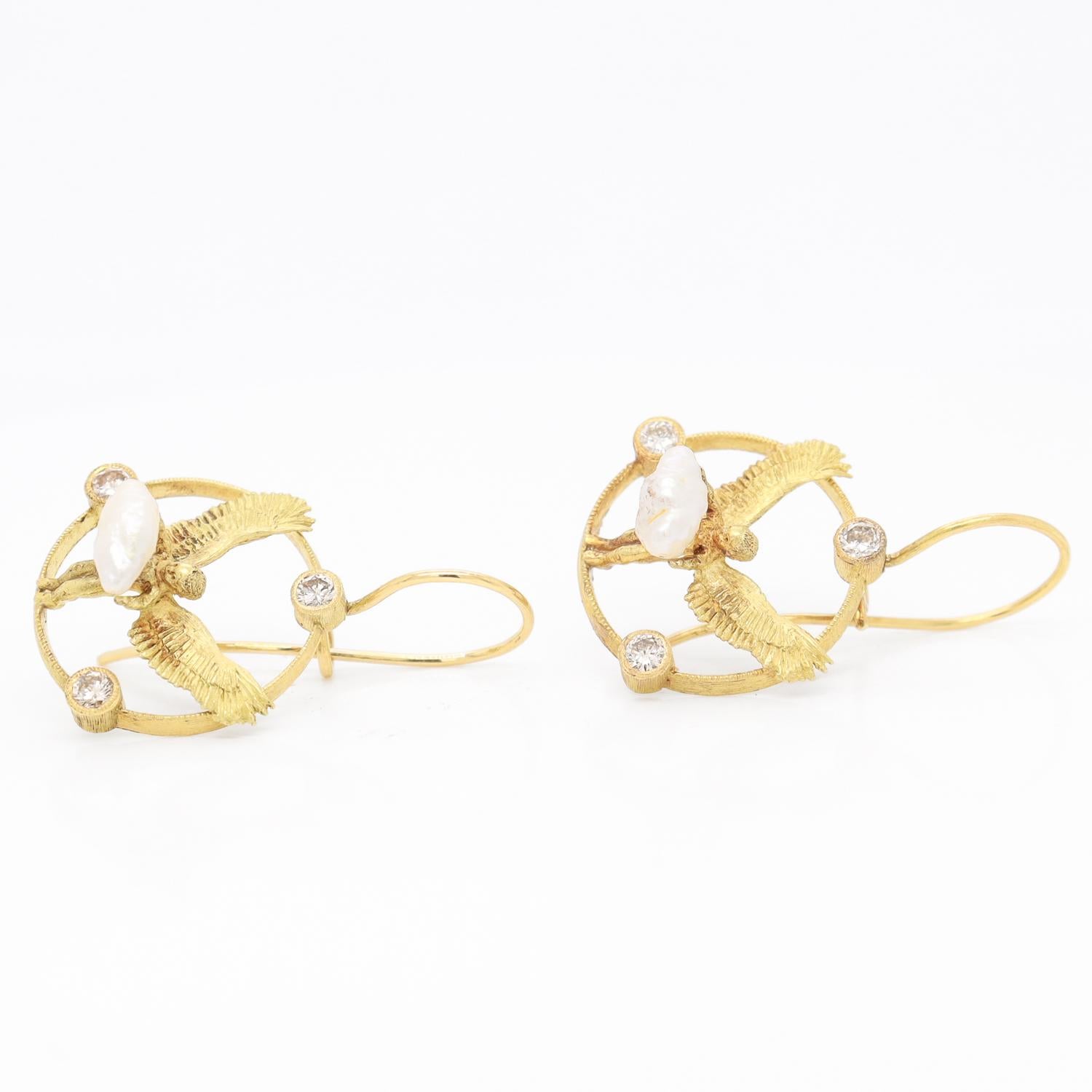 Pair of Signed Anthony Lent 18K Gold, Pearl, & Diamond Putti or Cherub Earrings 2