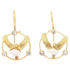 Pair of Signed Anthony Lent 18K Gold, Pearl, & Diamond Putti or Cherub Earrings