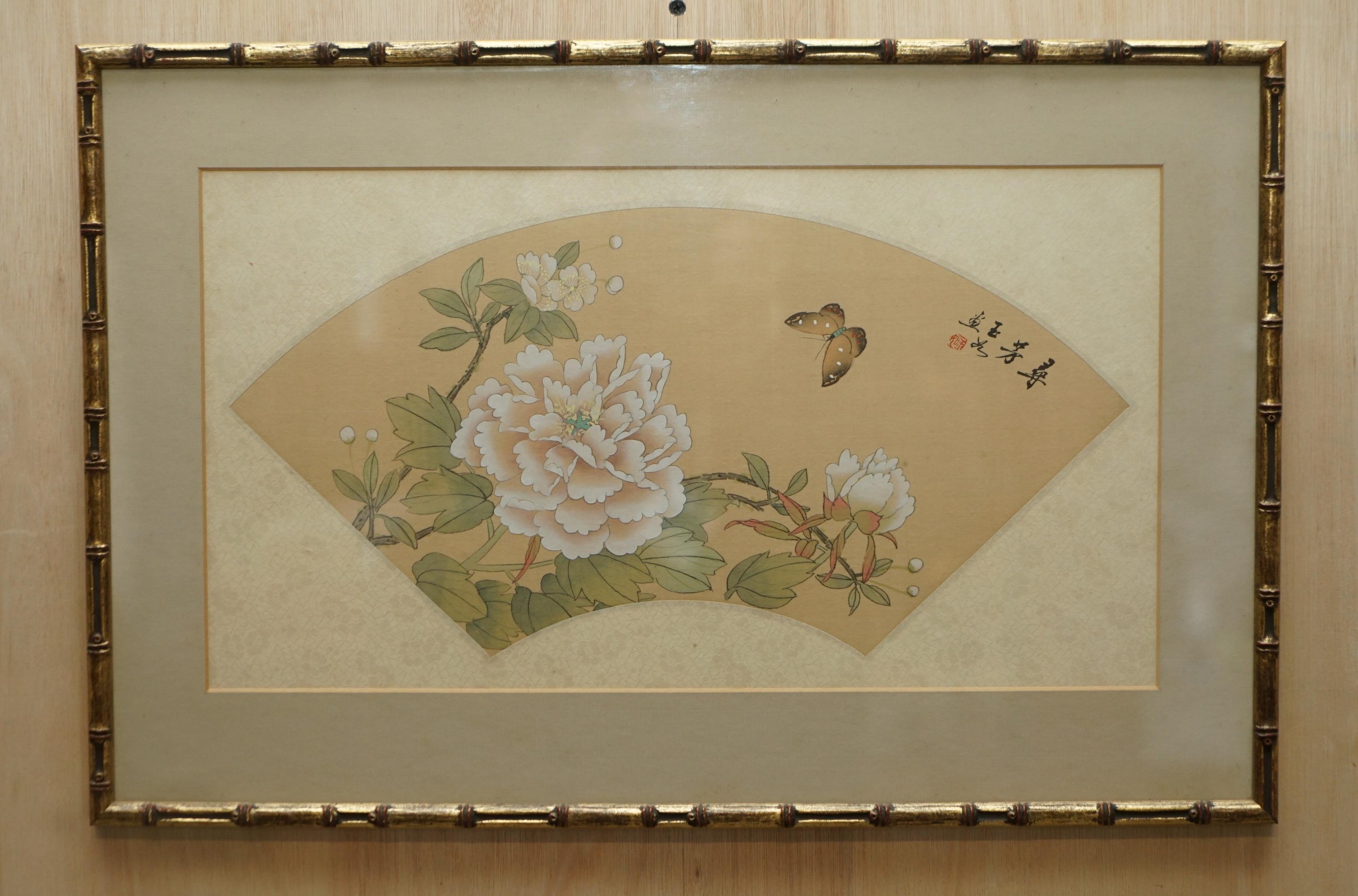 Pair of Signed Antique Chinese Watercolour Silk Paintings of Geisha Girl Flowers For Sale 6