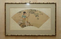 Pair of Signed Antique Chinese Watercolour Silk Paintings of Geisha Girl Flowers