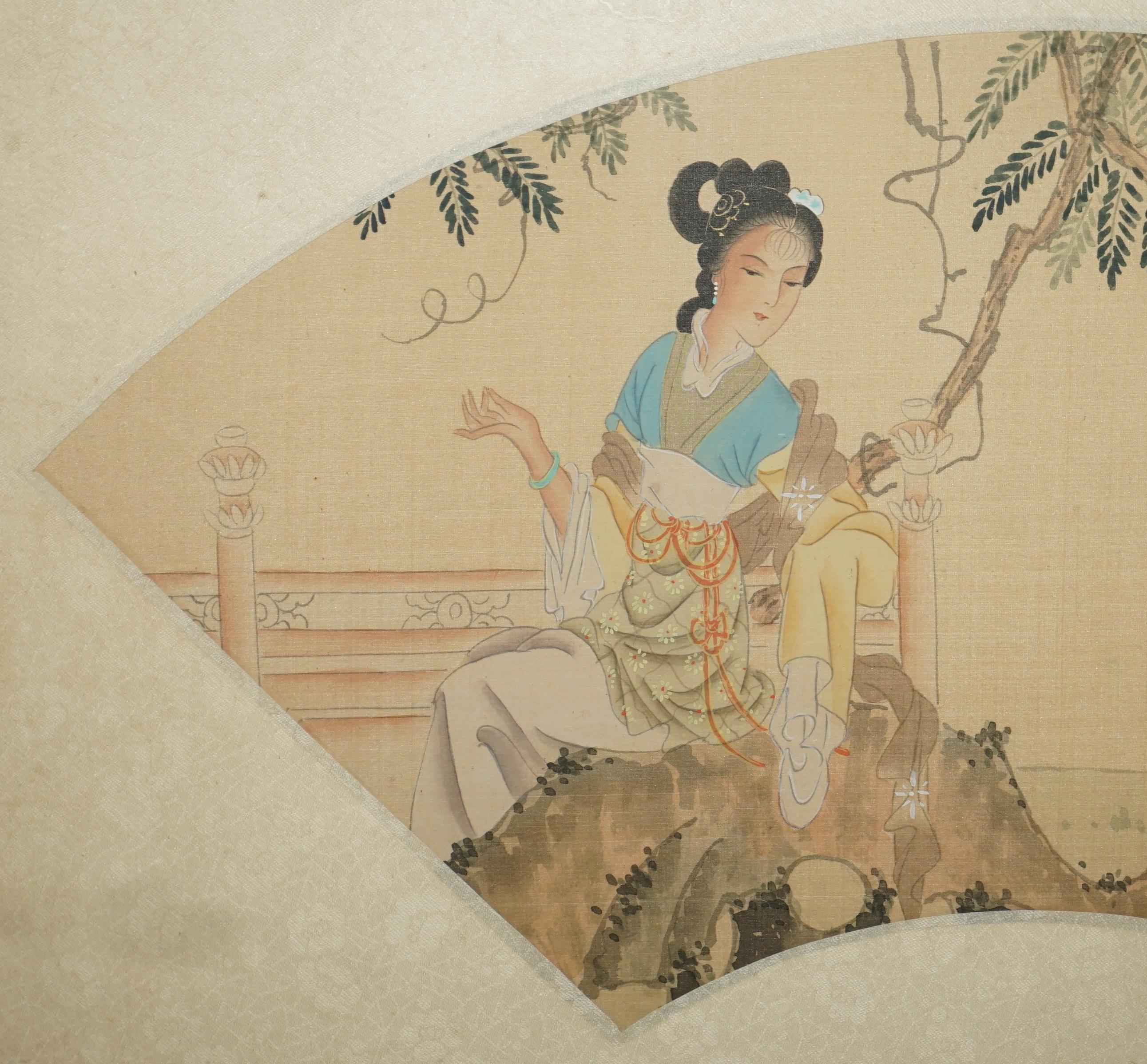 Chinese Export Pair of Signed Antique Chinese Watercolour Silk Paintings of Geisha Girl Flowers For Sale