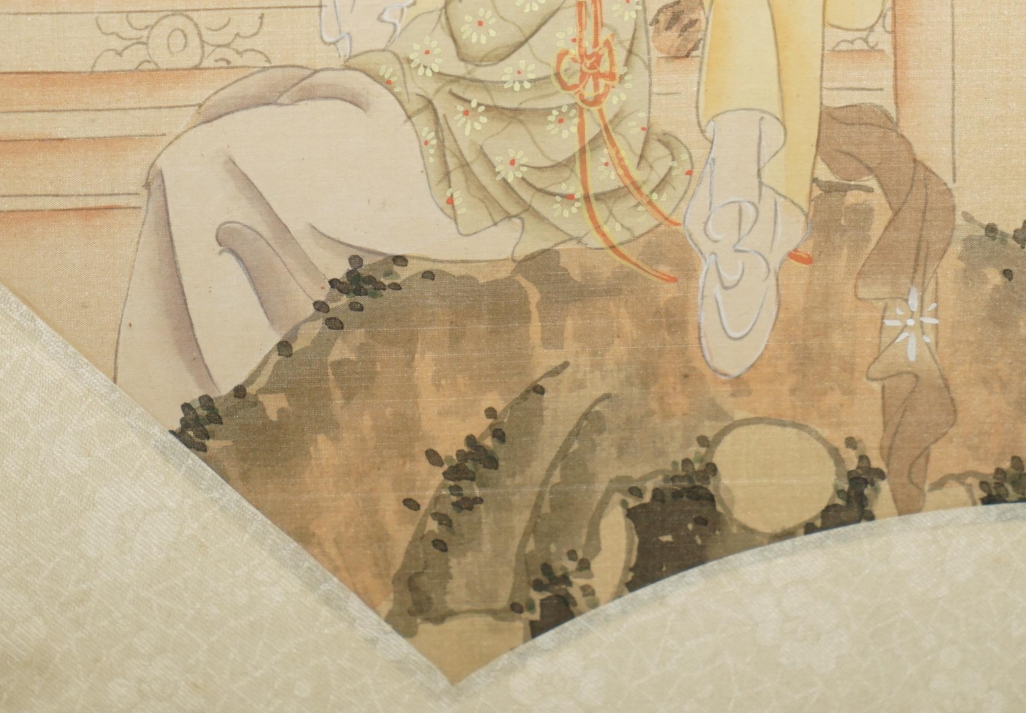 Signierte antike chinesische Aquarell-Aquarell-Seidengemälde von Geisha-Mädchen mit Blumen, signiert, Paar im Angebot 1