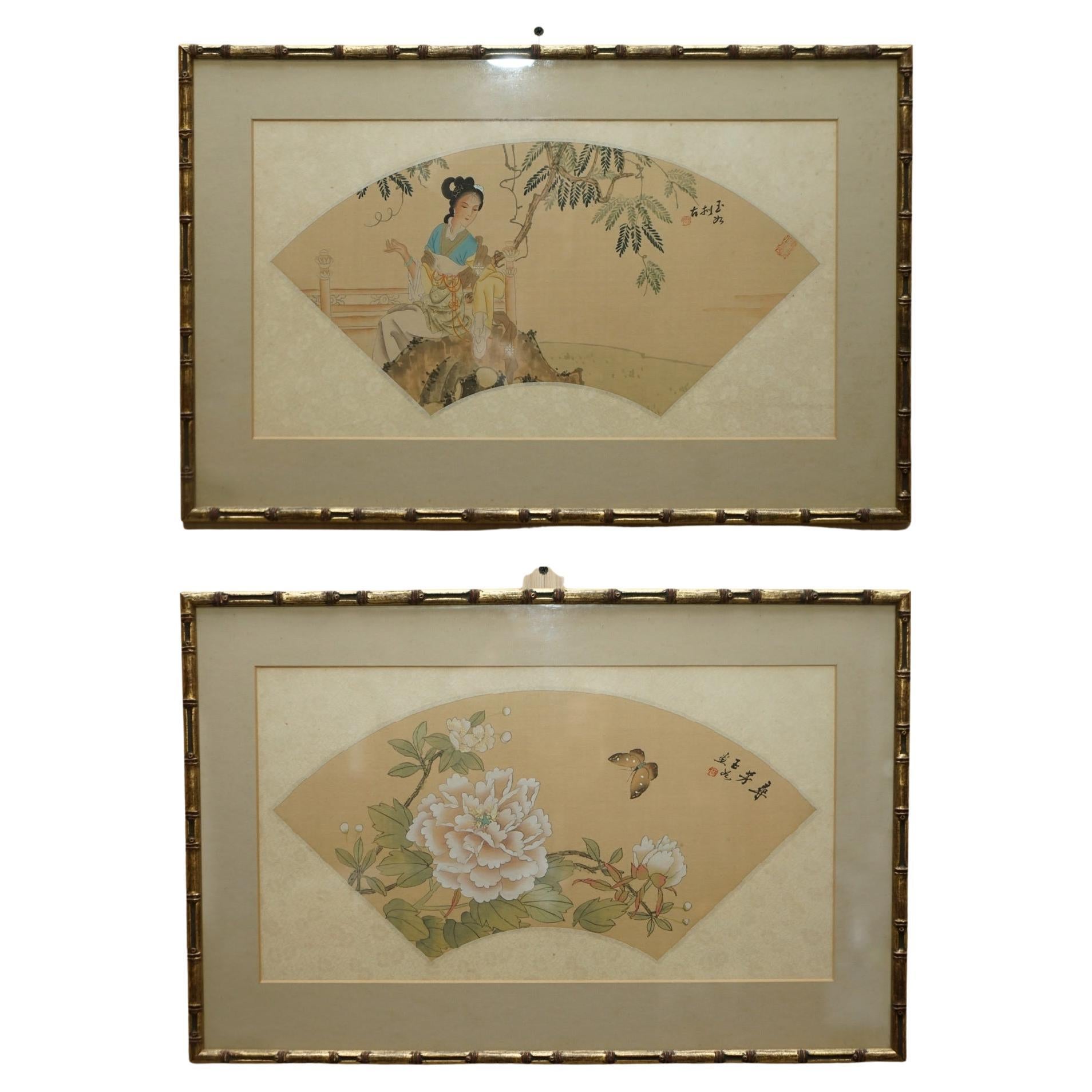 Pair of Signed Antique Chinese Watercolour Silk Paintings of Geisha Girl Flowers For Sale
