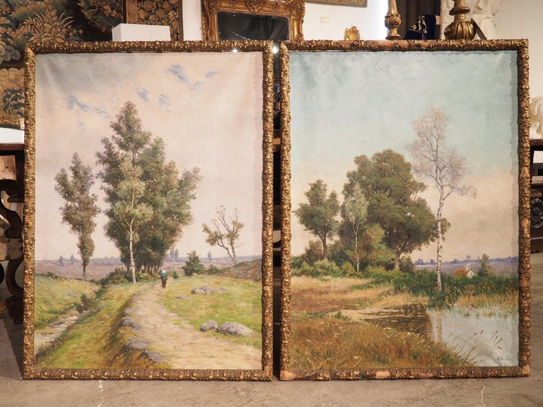 Pair of Signed Antique French Landscape Paintings, Early 1900s For Sale 8