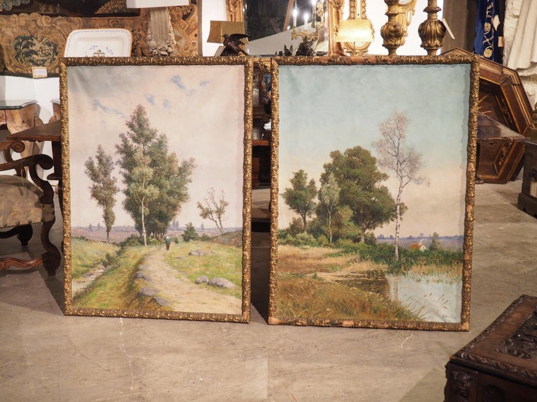 Canvas Pair of Signed Antique French Landscape Paintings, Early 1900s For Sale