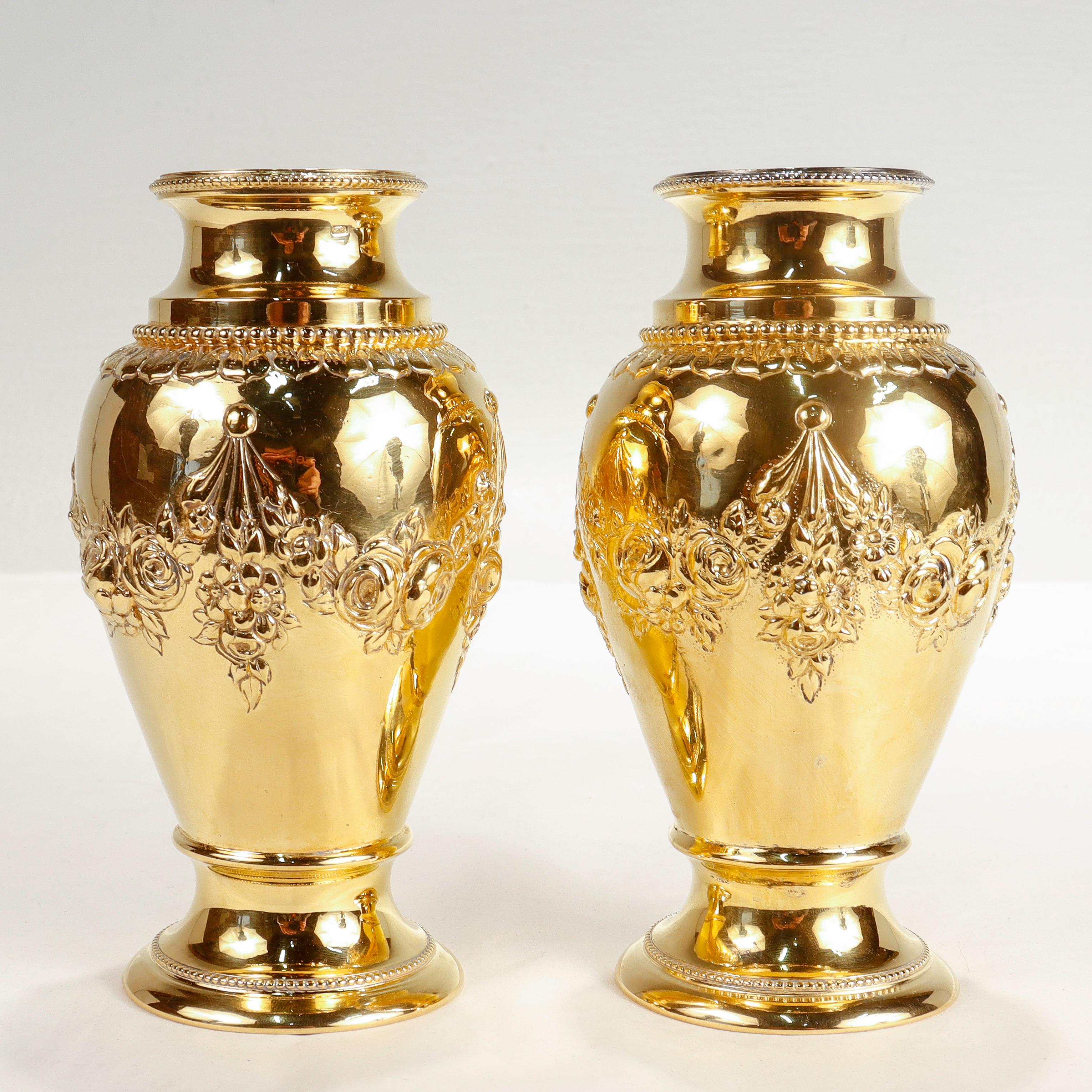Rococo Revival Pair of Signed Antique Hanau J. Kurz Gilt, 800 Silver Vases