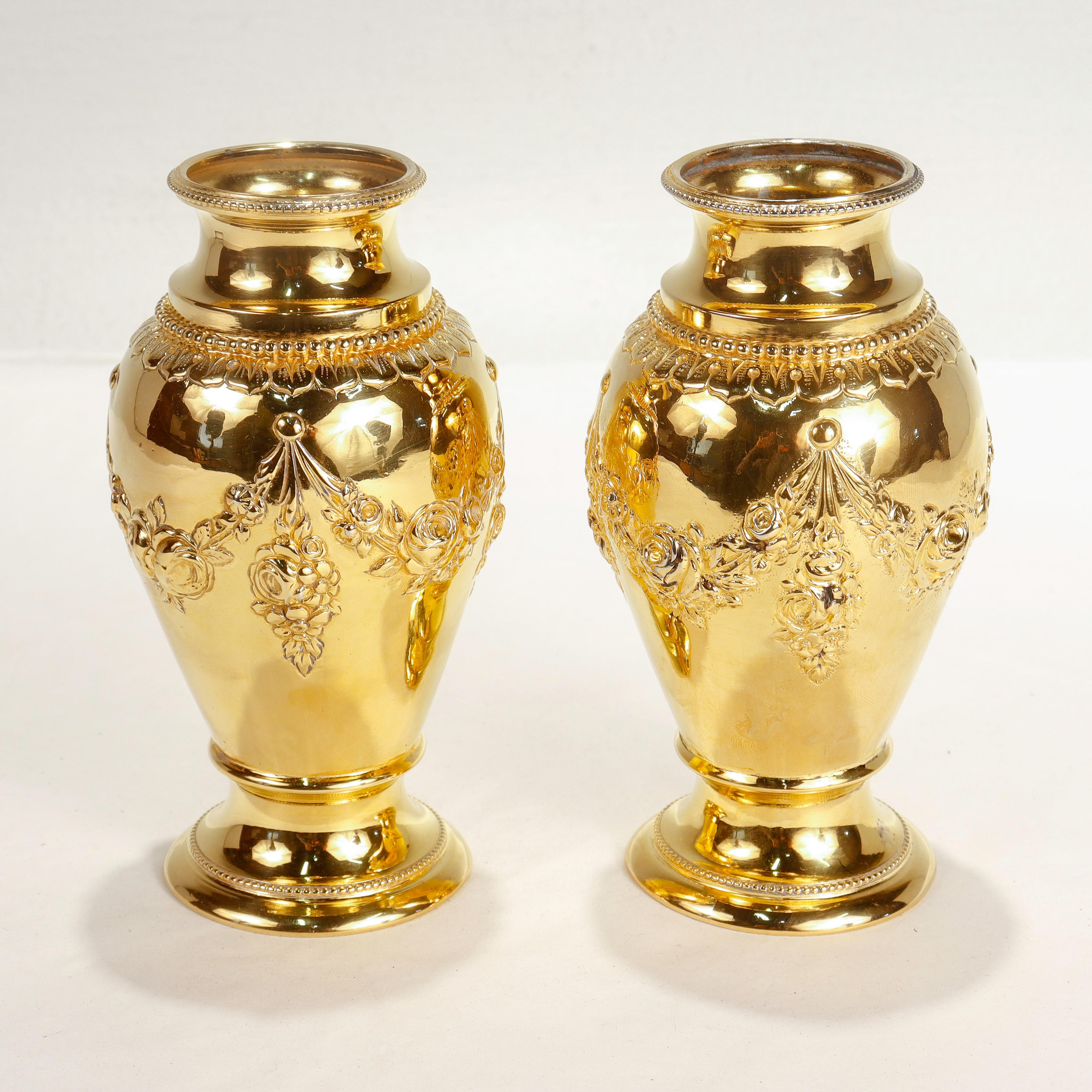 German Pair of Signed Antique Hanau J. Kurz Gilt, 800 Silver Vases