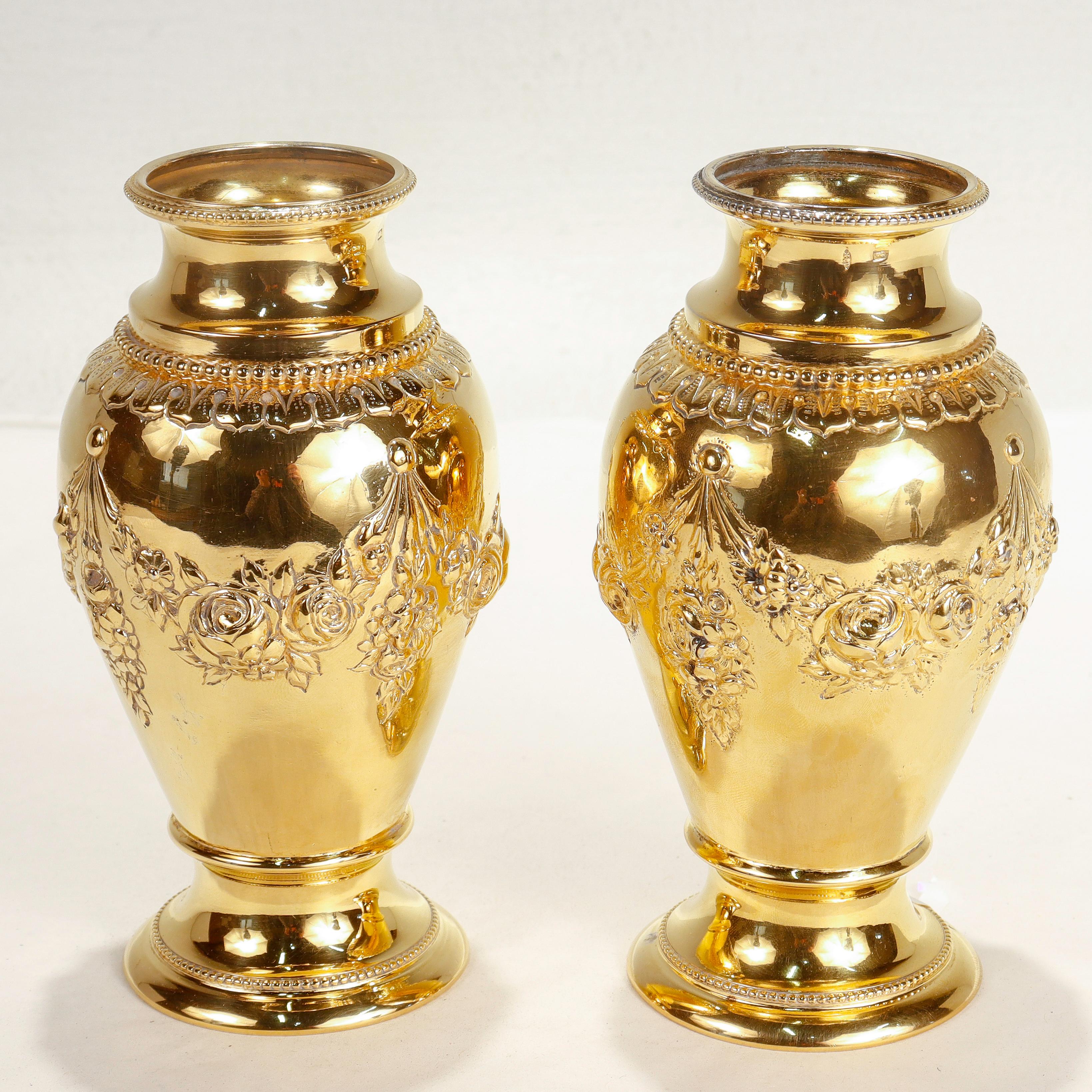 Pair of Signed Antique Hanau J. Kurz Gilt, 800 Silver Vases In Good Condition In Philadelphia, PA