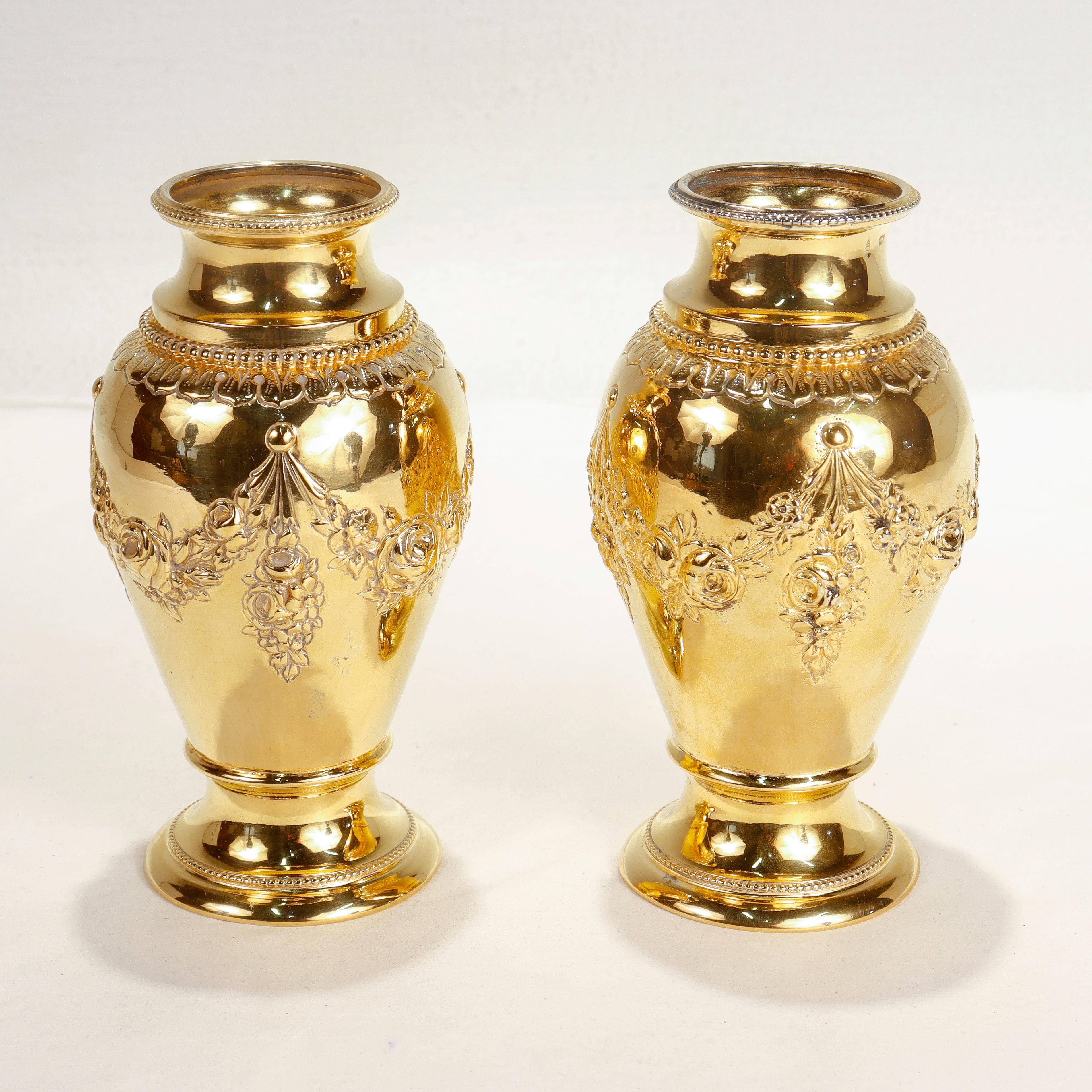 20th Century Pair of Signed Antique Hanau J. Kurz Gilt, 800 Silver Vases