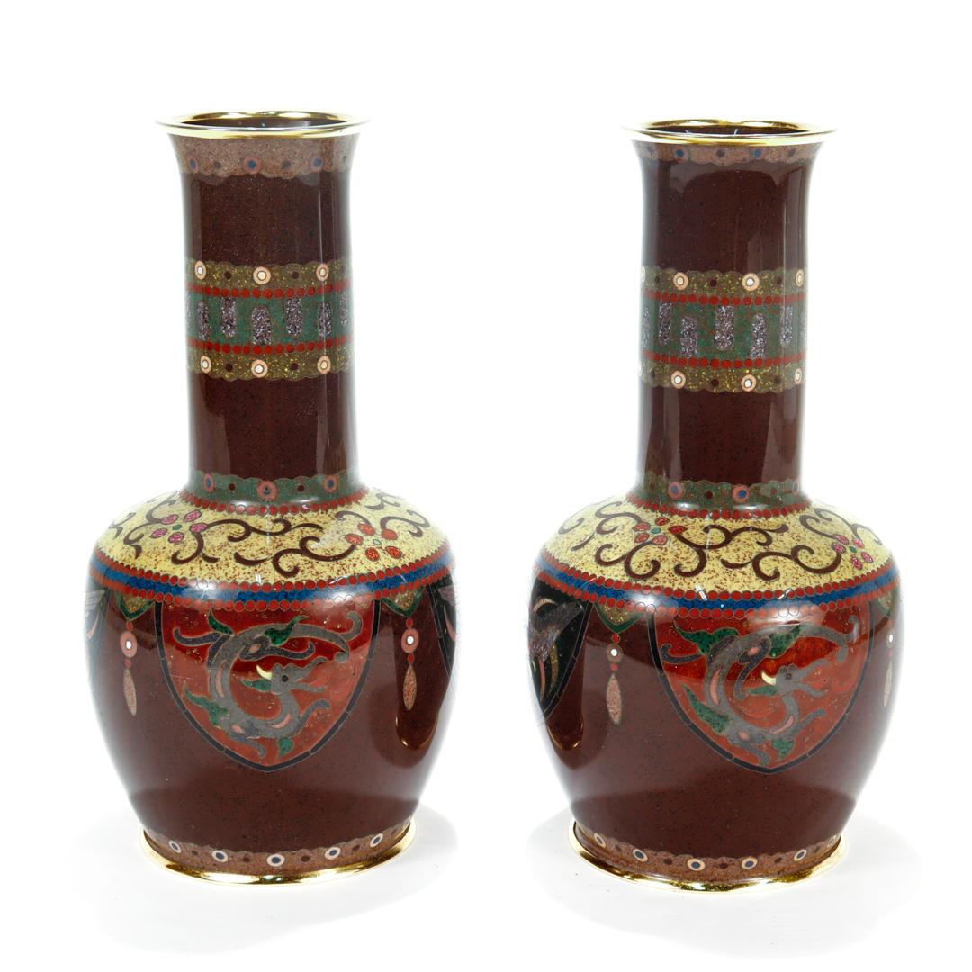 Meiji Pair of Signed Antique Japanese Cloisonne Enamel Vases by Daikichi  For Sale