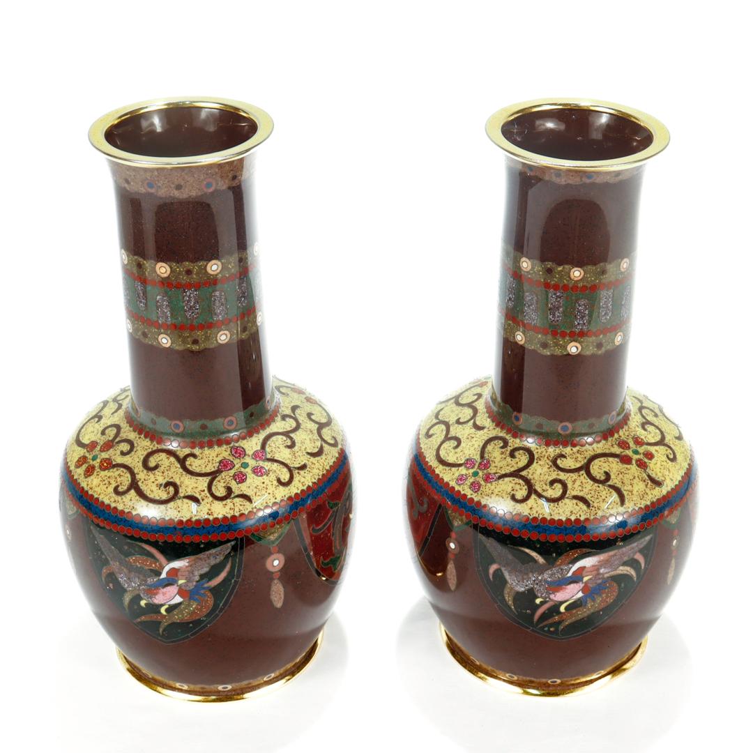 Pair of Signed Antique Japanese Cloisonne Enamel Vases by Daikichi  For Sale 1