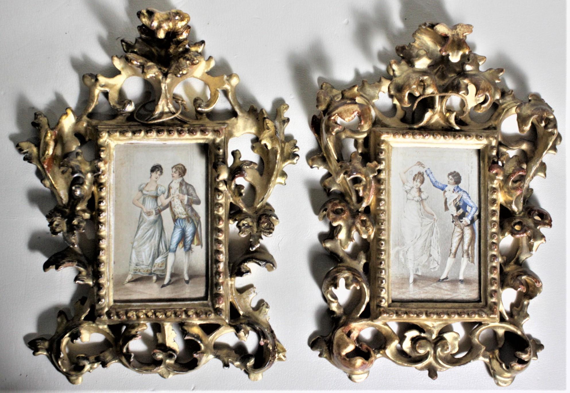 Pair of Signed Antique Watercolor Paintings in Hand Carved Gilt Wooden Frames For Sale 1