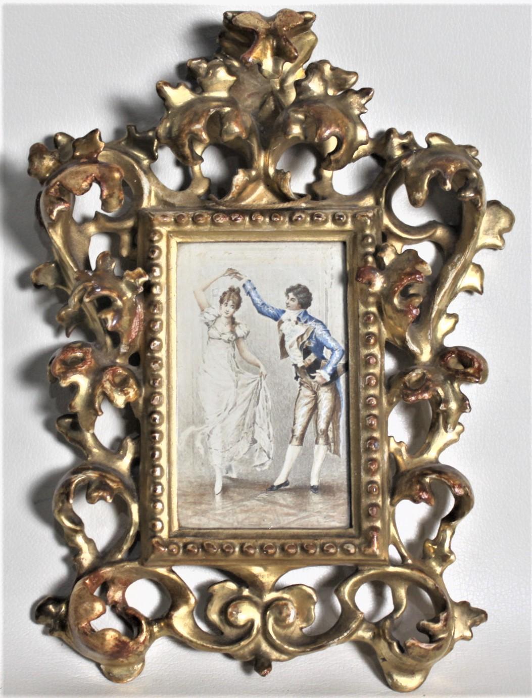 Sculpté à la main Paire de peintures à l'aquarelle anciennes signées dans des cadres en bois doré sculptés à la main en vente
