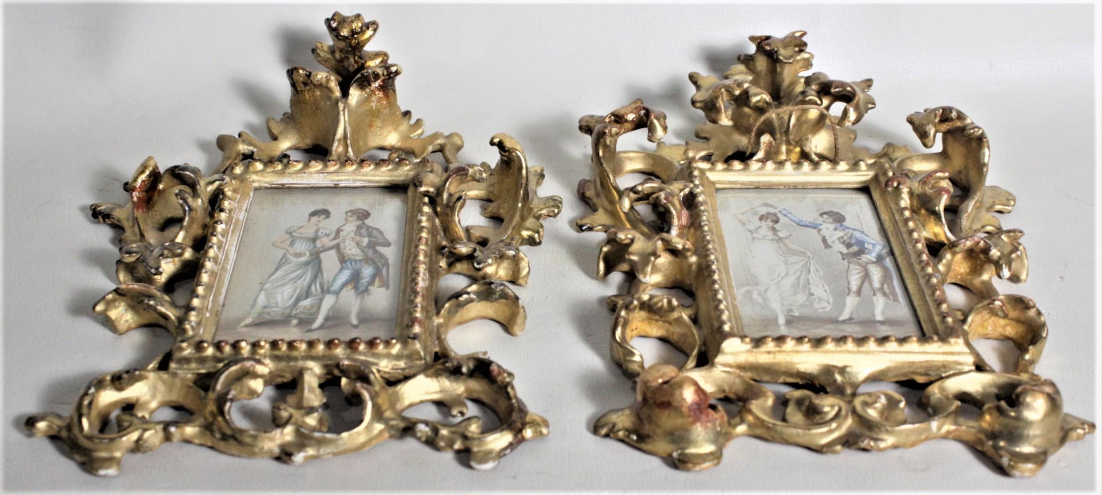 19th Century Pair of Signed Antique Watercolor Paintings in Hand Carved Gilt Wooden Frames For Sale