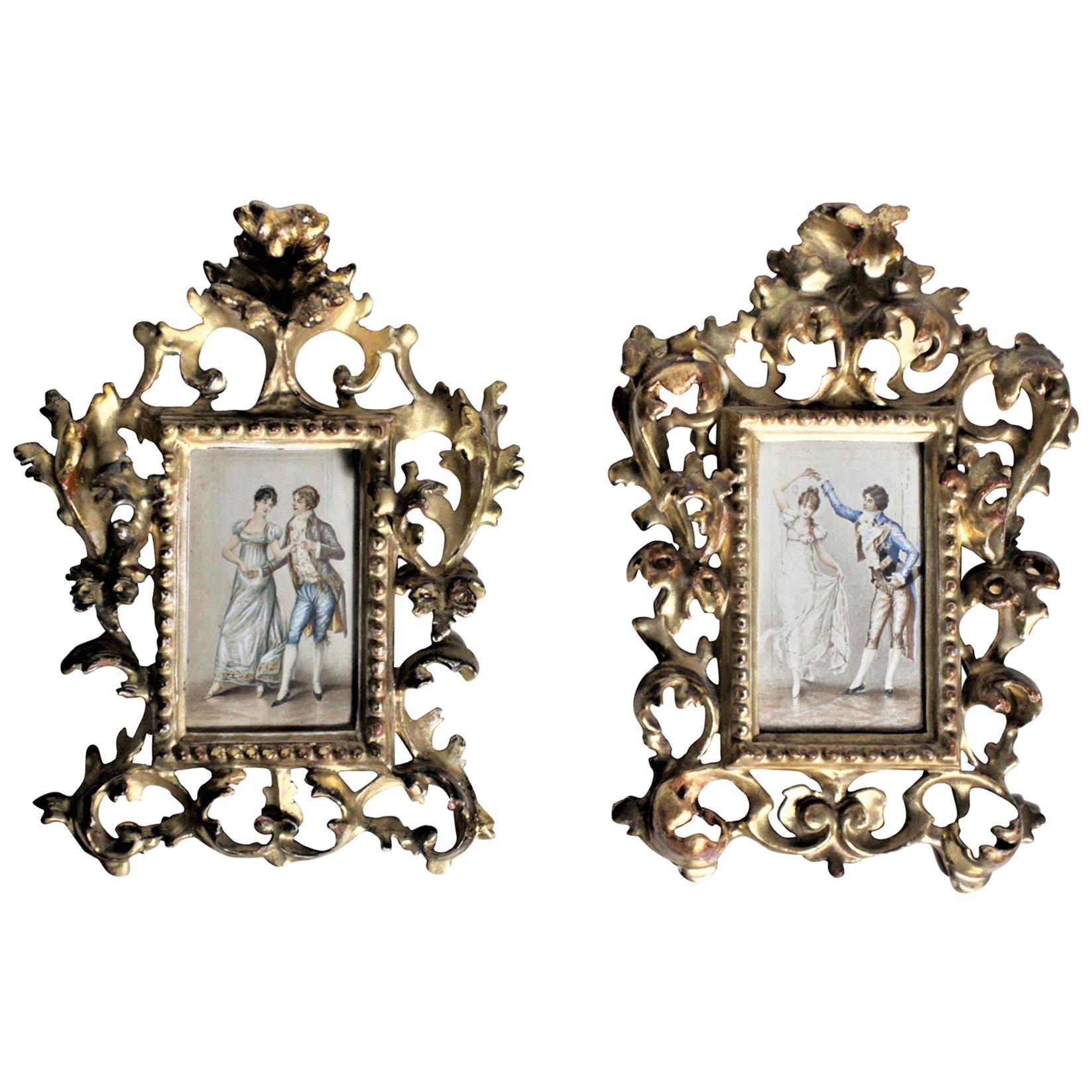 Pair of Signed Antique Watercolor Paintings in Hand Carved Gilt Wooden Frames For Sale