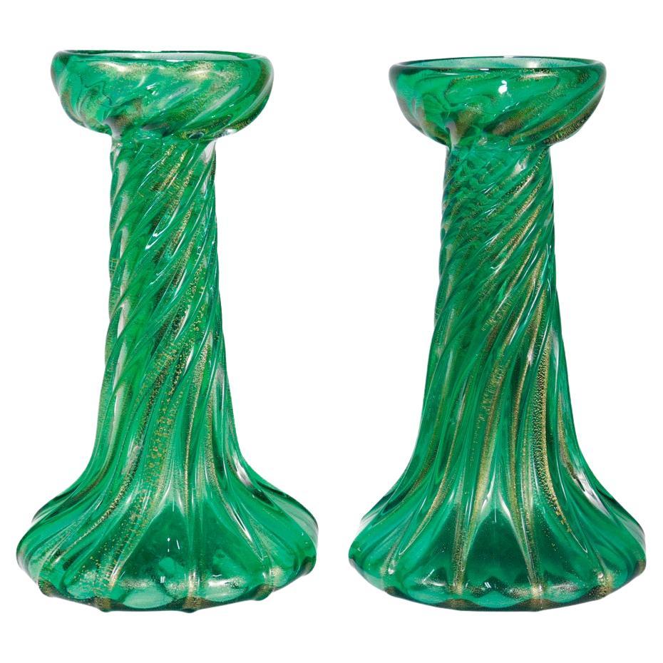 Pair of Signed Archimede Seguso / Tiffany & Co. Murano Glass Twist Candlesticks 