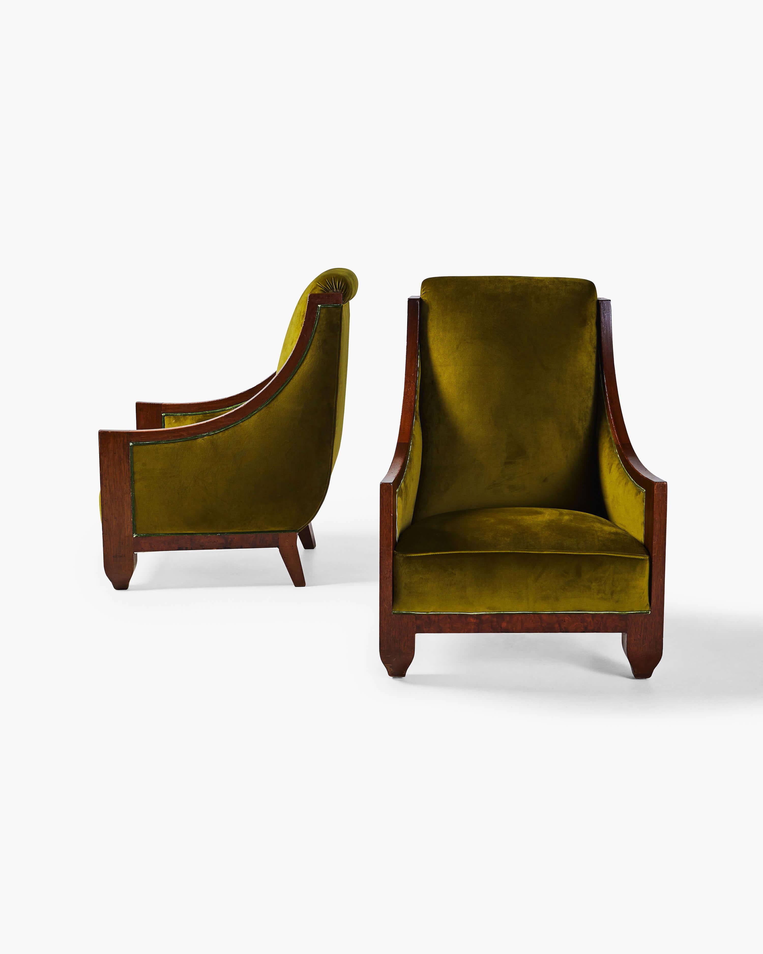 French Pair of Signed Art Deco Armchairs and Ottoman by André Sornay, circa 1925 For Sale