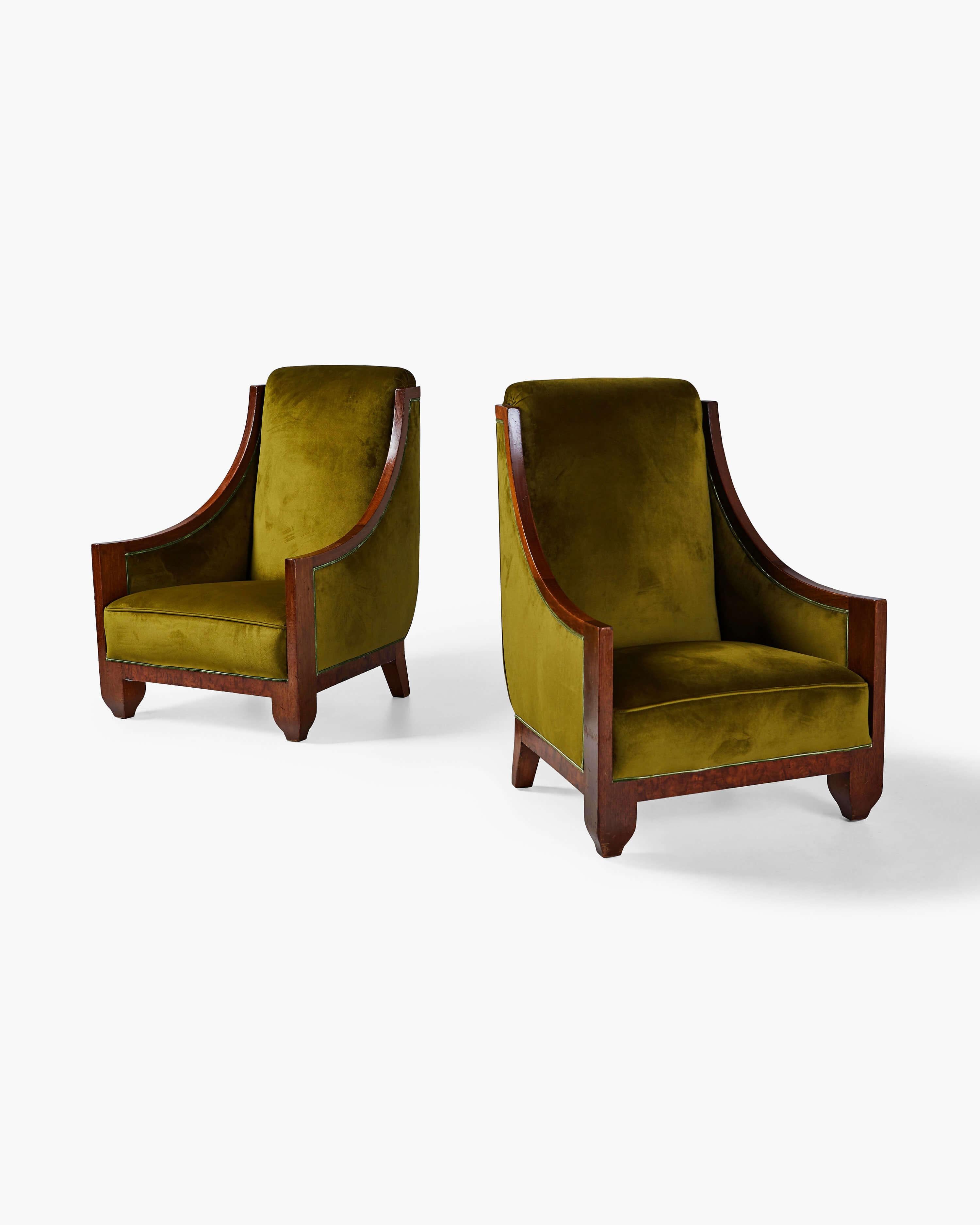 Woodwork Pair of Signed Art Deco Armchairs and Ottoman by André Sornay, circa 1925 For Sale