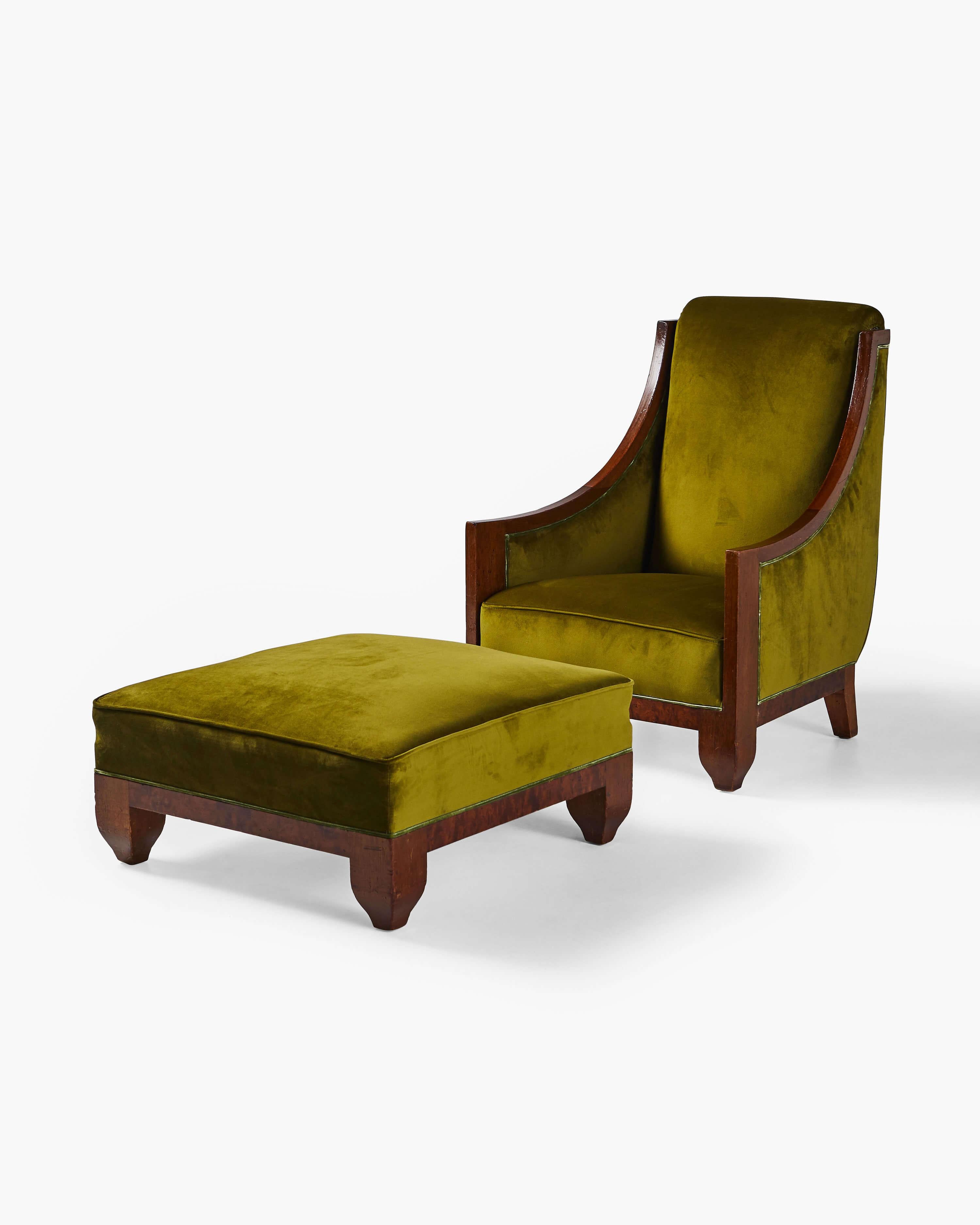 Early 20th Century Pair of Signed Art Deco Armchairs and Ottoman by André Sornay, circa 1925 For Sale