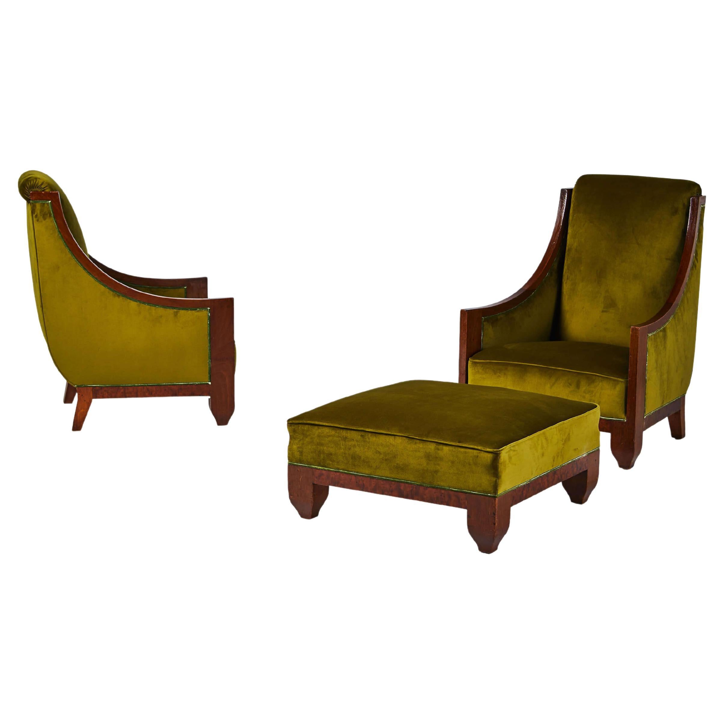 Pair of Signed Art Deco Armchairs and Ottoman by André Sornay, circa 1925 For Sale