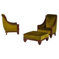 Pair of Signed Art Deco Armchairs and Ottoman by André Sornay, circa 1925