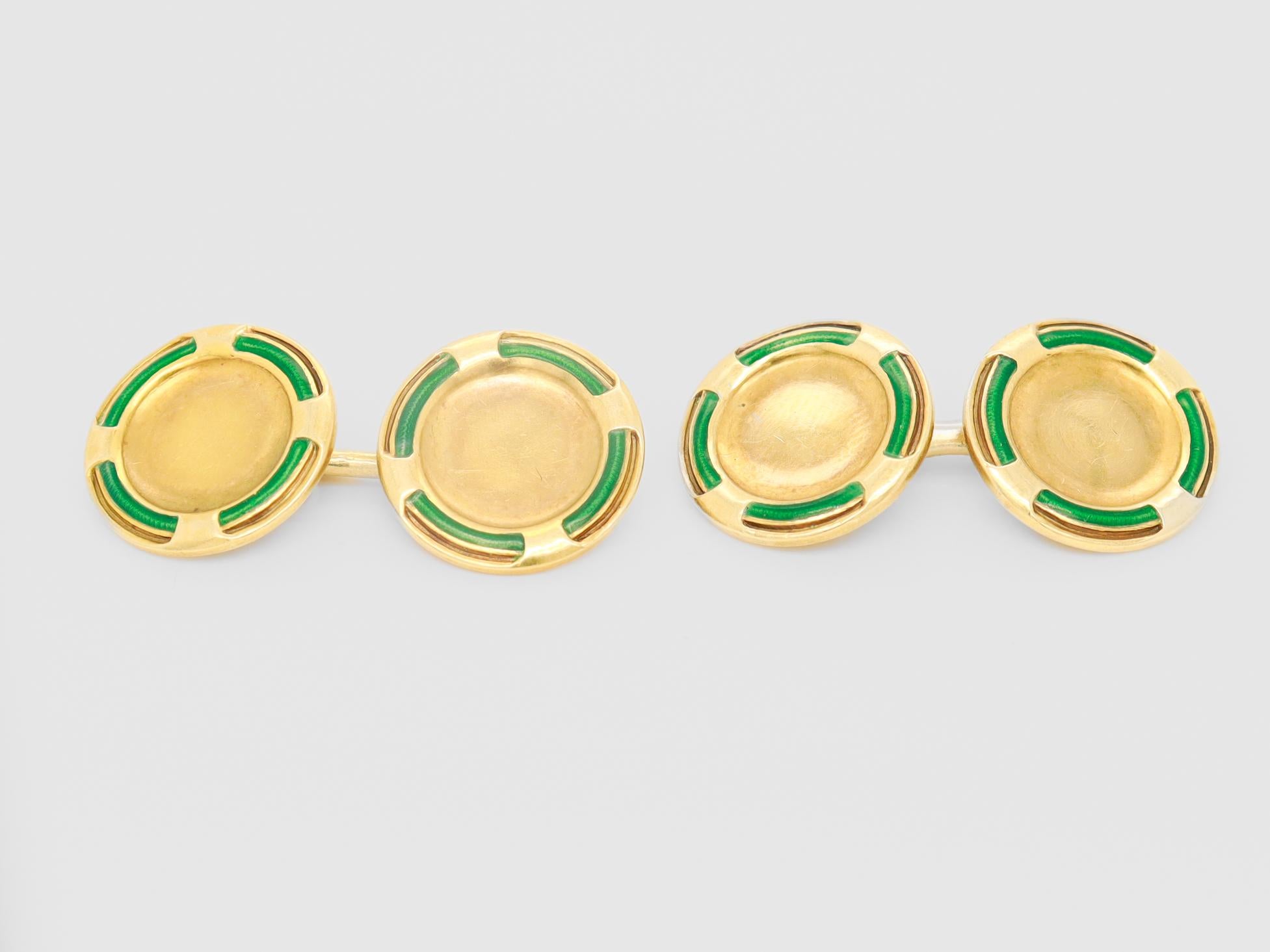 Art Déco Coppia di gemelli firmati Bailey, Banks & Biddle in oro 14k e smalto verde Art Deco in vendita